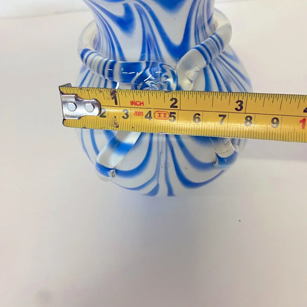 Vintage Murano Style Art Glass Vase Blue & White Swirl Rim Vase Ruffled Edge - Picture 7 of 9